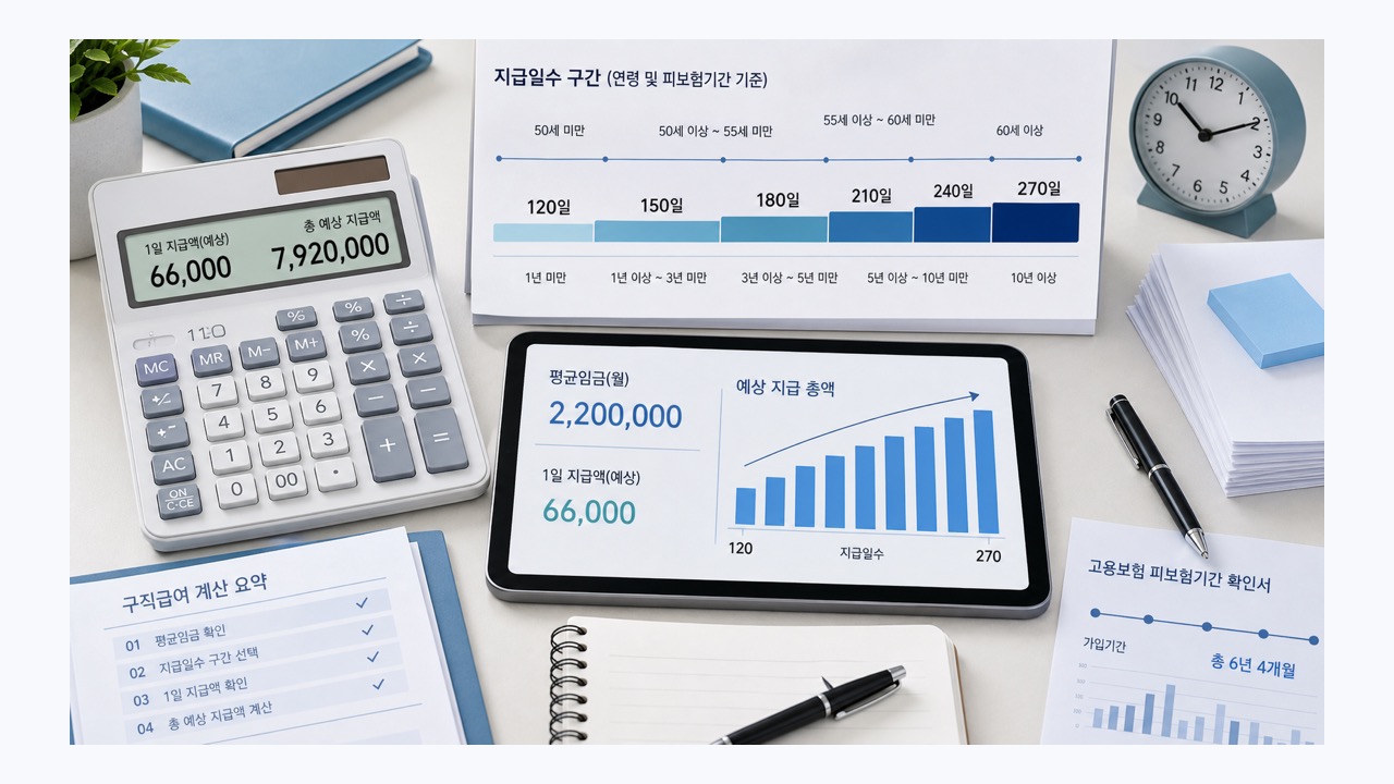 실업급여 지급일수와 금액을 계산하는 달력과 계산기