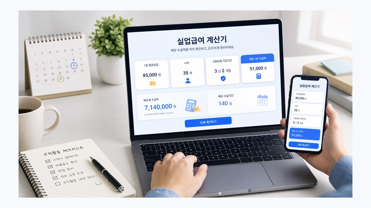 실업급여 계산기 화면과 구직활동 체크리스트